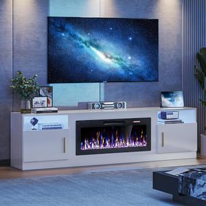 VITESSE TV Stand with 36" inch Electric Fireplace Up to 90" TVs, LED Light Entertainment Center, 80" Modern Wood High Gloss Fireplace with Highlight Storage Cabinet for Living Room (White)