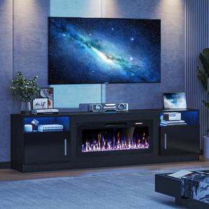 VITESSE TV Stand with 36" inch Electric Fireplace Up to 90" TVs, LED Light Entertainment Center, 80" Modern Wood High Gloss Fireplace with Highlight Storage Cabinet for Living Room (Black)