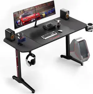 Vitesse 55 inch Gaming Desk, Ergonomic Office PC Computer Desk with Full Desk Mouse Pad, T-Shaped Gamer Tables Pro with Gaming Handle Rack, Stand Cup Holder&Headphone Hook