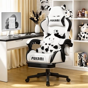 Vitesse Black White Gaming Chair with Cow Ears and Cow Pattern Lumbar Cushion, Cute Ergonomic Gaming Computer Desk Chair with Footrest and Linked Armrests, Comfortable PU Leather Game Chair for Adults Vitesse Black White Gaming Chair with Cow Ears and Cow Pattern Lumbar Cushion, Cute Ergonomic Gaming Computer Desk Chair with Footrest and Linked Armrests, Comfortable PU Leather Game Chair for Adults