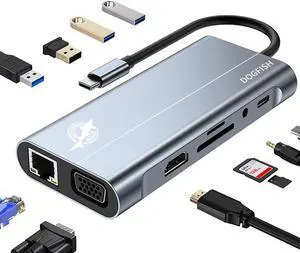 Dogfish USB C Docking Station, 11 in 1 Triple Display Type C Apater with RJ45 Ethernet, 4K HDMI, VGA, PD Charging, USB 3.0 & USB 2.0, SD/TF Card Reader, 3.5mm Audio, Multiport Adapter for MacBook Pro