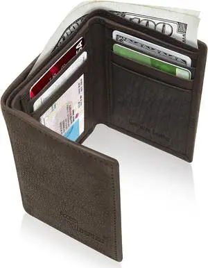 Trifold Leather Wallets For Men Slim - Mens Wallet Card With ID Window & Gift Box For Him RFID Blocking