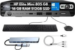 HP Elite Mini 805 G8 Mini Desktop AMD Ryzen 5 5650G 6-CoreProcessor 16GB RAM 512GB (2X 256GB) PCIe SSD Wi-fi 6 Ethernet Keyboard Mouse Docking Station Windows 11 Professional HP Elite Mini 805 G8 Mini Desktop AMD Ryzen 5 5650G 6-CoreProcessor 16GB RAM 512GB (2X 256GB) PCIe SSD Wi-fi 6 Ethernet Keyboard Mouse Docking Station Windows 11 Professional