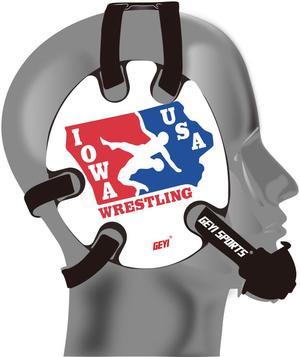 Wrestling headgear with IOWA USA wrestling stickers 