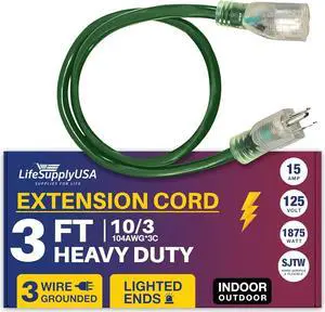 3FT Power Extension Cord Outdoor & Indoor - Waterproof Electric Drop Cord Cable - 3 Prong SJTW, 10 Gauge, 15 AMP, 125 Volts, 1875 Watts, 10/3 by LifeSupplyUSA - Green (1 Pack)