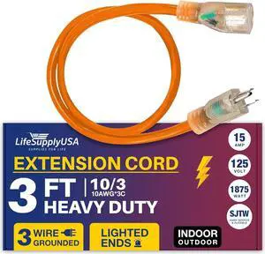 3FT Power Extension Cord Outdoor & Indoor - Waterproof Electric Drop Cord Cable - 3 Prong SJTW, 10 Gauge, 15 AMP, 125 Volts, 1875 Watts, 10/3 by LifeSupplyUSA - Orange (1 Pack)