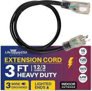 3FT Power Extension Cord Outdoor & Indoor - Waterproof Electric Drop Cord Cable - 3 Prong SJTW, 12 Gauge, 15 AMP, 125 Volts, 1875 Watts, 12/3 by LifeSupplyUSA - Black (1 Pack)