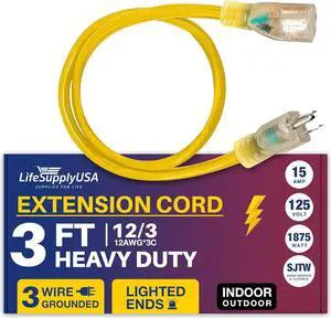 3FT Power Extension Cord Outdoor & Indoor - Waterproof Electric Drop Cord Cable - 3 Prong SJTW, 12 Gauge, 15 AMP, 125 Volts, 1875 Watts, 12/3 by LifeSupplyUSA - Yellow (1 Pack)