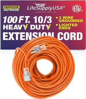 100FT Power Extension Cord Outdoor & Indoor - Waterproof Electric Drop Cord Cable - 3 Prong SJTW, 10 Gauge, 15 AMP, 125 Volts, 1875 Watts, 10/3 - ETL Listed, by LifeSupplyUSA - Orange (3 Pack)