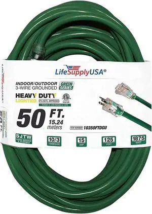 50FT Power Extension Cord Outdoor & Indoor - Waterproof Electric Drop Cord Cable - 3 Prong SJTW, 10 Gauge, 15 AMP, 125 Volts, 1875 Watts, 10/3 - ETL Listed, by LifeSupplyUSA - Green (1 Pack)