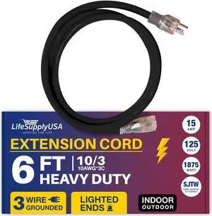 6FT Power Extension Cord Outdoor & Indoor - Waterproof Electric Drop Cord Cable - 3 Prong SJTW, 10 Gauge, 15 AMP, 125 Volts, 1875 Watts, 10/3 - ETL Listed, by LifeSupplyUSA - Black (1 Pack)