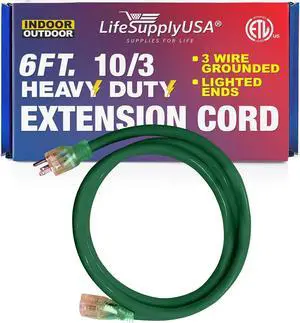 6FT Power Extension Cord Outdoor & Indoor - Waterproof Electric Drop Cord Cable - 3 Prong SJTW, 10 Gauge, 15 AMP, 125 Volts, 1875 Watts, 10/3 - ETL Listed, by LifeSupplyUSA - Green (1 Pack)