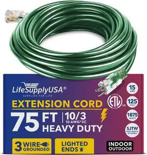 75FT Power Extension Cord Outdoor & Indoor - Waterproof Electric Drop Cord Cable - 3 Prong SJTW, 10 Gauge, 15 AMP, 125 Volts, 1875 Watts, 10/3 - ETL Listed, by LifeSupplyUSA - Green (1 Pack)