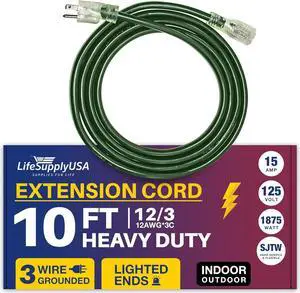10FT Power Extension Cord Outdoor & Indoor - Waterproof Electric Drop Cord Cable - 3 Prong SJTW, 12 Gauge, 15 AMP, 125 Volts, 1875 Watts, 12/3 by LifeSupplyUSA - Green (1 Pack)
