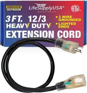 3FT Power Extension Cord Outdoor & Indoor - Waterproof Electric Drop Cord Cable - 3 Prong SJTW, 12 Gauge, 15 AMP, 125 Volts, 1875 Watts, 12/3 - ETL Listed by LifeSupplyUSA - Black (1 Pack)
