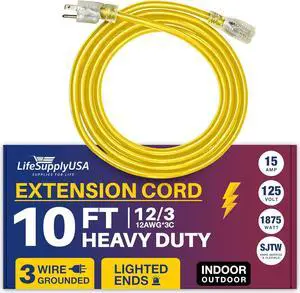 10FT Power Extension Cord Outdoor & Indoor - Waterproof Electric Drop Cord Cable - 3 Prong SJTW, 12 Gauge, 15 AMP, 125 Volts, 1875 Watts, 12/3 by LifeSupplyUSA - Yellow (1 Pack)
