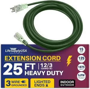25FT Power Extension Cord Outdoor & Indoor - Waterproof Electric Drop Cord Cable - 3 Prong SJTW, 12 Gauge, 15 AMP, 125 Volts, 1875 Watts, 12/3 by LifeSupplyUSA - Green (1 Pack)