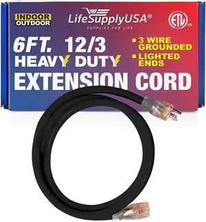 6FT Power Extension Cord Outdoor & Indoor - Waterproof Electric Drop Cord Cable - 3 Prong SJTW, 12 Gauge, 15 AMP, 125 Volts, 1875 Watts, 12/3 - ETL Listed by LifeSupplyUSA - Black (1 Pack)