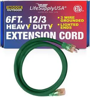 6FT Power Extension Cord Outdoor & Indoor - Waterproof Electric Drop Cord Cable - 3 Prong SJTW, 12 Gauge, 15 AMP, 125 Volts, 1875 Watts, 12/3 - ETL Listed by LifeSupplyUSA - Green (1 Pack)