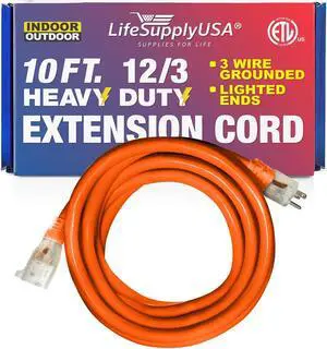 10FT Power Extension Cord Outdoor & Indoor - Waterproof Electric Drop Cord Cable - 3 Prong SJTW, 12 Gauge, 15 AMP, 125 Volts, 1875 Watts, 12/3 - ETL Listed by LifeSupplyUSA - Orange (1 Pack)