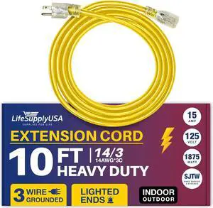10FT Power Extension Cord Outdoor & Indoor - Waterproof Electric Drop Cord Cable - 3 Prong SJTW, 14 Gauge, 15 AMP, 125 Volts, 1875 Watts, 14/3 by LifeSupplyUSA - Yellow (1 Pack)