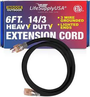 6FT Power Extension Cord Outdoor & Indoor - Waterproof Electric Drop Cord Cable - 3 Prong SJTW, 14 Gauge, 15 AMP, 125 Volts, 1875 Watts, 14/3 - ETL Listed by LifeSupplyUSA - Black (1 Pack)