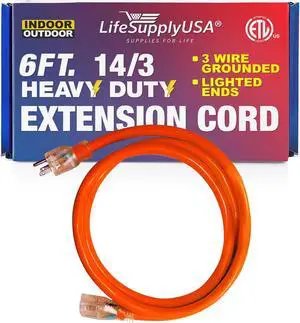 6FT Power Extension Cord Outdoor & Indoor - Waterproof Electric Drop Cord Cable - 3 Prong SJTW, 14 Gauge, 15 AMP, 125 Volts, 1875 Watts, 14/3 - ETL Listed by LifeSupplyUSA - Orange (1 Pack)