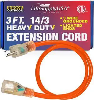 3FT Power Extension Cord Outdoor & Indoor - Waterproof Electric Drop Cord Cable - 3 Prong SJTW, 14 Gauge, 15 AMP, 125 Volts, 1875 Watts, 14/3 - ETL Listed by LifeSupplyUSA - Orange (1 Pack)
