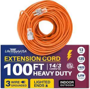 100FT Power Extension Cord Outdoor & Indoor - Waterproof Electric Drop Cord Cable - 3 Prong SJTW, 14 Gauge, 13 AMP, 125 Volts, 1625 Watts, 14/3 - ETL Listed by LifeSupplyUSA - Orange (1 Pack)