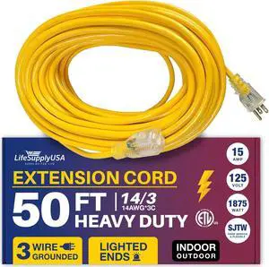 50FT Power Extension Cord Outdoor & Indoor - Waterproof Electric Drop Cord Cable - 3 Prong SJTW, 14 Gauge, 15 AMP, 125 Volts, 1875 Watts, 14/3 - ETL Listed by LifeSupplyUSA - Yellow (1 Pack)