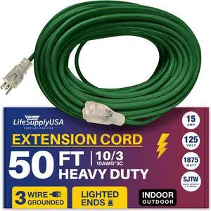50FT Power Extension Cord Outdoor & Indoor - Waterproof Electric Drop Cord Cable - 3 Prong SJTW, 10 Gauge, 15 AMP, 125 Volts, 1875 Watts, 10/3 by LifeSupplyUSA - Green (1 Pack)
