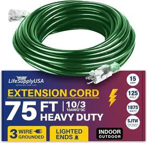 75FT Power Extension Cord Outdoor & Indoor - Waterproof Electric Drop Cord Cable - 3 Prong SJTW, 10 Gauge, 15 AMP, 125 Volts, 1875 Watts, 10/3 by LifeSupplyUSA - Black (1 Pack)