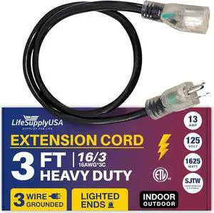 3FT Power Extension Cord Outdoor & Indoor - Waterproof Electric Drop Cord Cable - 3 Prong SJTW, 16 Gauge, 13 AMP, 125 Volts, 1625 Watts, 16/3 - ETL Listed by LifeSupplyUSA - Black (1 Pack) 3FT Power Extension Cord Outdoor & Indoor - Waterproof Electric Drop Cord Cable - 3 Prong SJTW, 16 Gauge, 13 AMP, 125 Volts, 1625 Watts, 16/3 - ETL Listed by LifeSupplyUSA - Black (1 Pack)