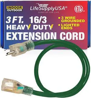 3FT Power Extension Cord Outdoor & Indoor - Waterproof Electric Drop Cord Cable - 3 Prong SJTW, 16 Gauge, 13 AMP, 125 Volts, 1625 Watts, 16/3 - ETL Listed by LifeSupplyUSA - Green (1 Pack)