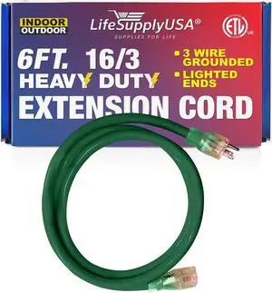 6FT Power Extension Cord Outdoor & Indoor - Waterproof Electric Drop Cord Cable - 3 Prong SJTW, 16 Gauge, 13 AMP, 125 Volts, 1625 Watts, 16/3 - ETL Listed by LifeSupplyUSA - Green (1 Pack)
