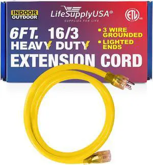 6FT Power Extension Cord Outdoor & Indoor - Waterproof Electric Drop Cord Cable - 3 Prong SJTW, 16 Gauge, 13 AMP, 125 Volts, 1625 Watts, 16/3 - ETL Listed by LifeSupplyUSA - Yellow (1 Pack) 6FT Power Extension Cord Outdoor & Indoor - Waterproof Electric Drop Cord Cable - 3 Prong SJTW, 16 Gauge, 13 AMP, 125 Volts, 1625 Watts, 16/3 - ETL Listed by LifeSupplyUSA - Yellow (1 Pack)
