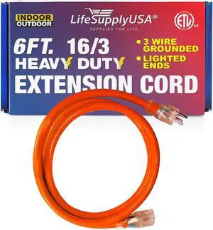 6FT Power Extension Cord Outdoor & Indoor - Waterproof Electric Drop Cord Cable - 3 Prong SJTW, 16 Gauge, 13 AMP, 125 Volts, 1625 Watts, 16/3 - ETL Listed by LifeSupplyUSA - Orange (1 Pack)