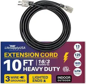 10FT Power Extension Cord Outdoor & Indoor - Waterproof Electric Drop Cord Cable - 3 Prong SJTW, 16 Gauge, 13 AMP, 125 Volts, 1625 Watts, 16/3 - ETL Listed by LifeSupplyUSA - Black (1 Pack)