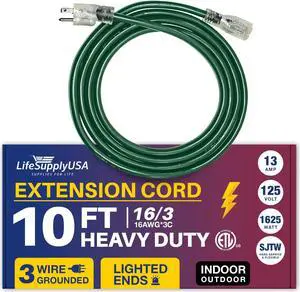 10FT Power Extension Cord Outdoor & Indoor - Waterproof Electric Drop Cord Cable - 3 Prong SJTW, 16 Gauge, 13 AMP, 125 Volts, 1625 Watts, 16/3 - ETL Listed by LifeSupplyUSA - Green (1 Pack)