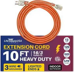 10FT Power Extension Cord Outdoor & Indoor - Waterproof Electric Drop Cord Cable - 3 Prong SJTW, 16 Gauge, 13 AMP, 125 Volts, 1625 Watts, 16/3 - ETL Listed by LifeSupplyUSA - Orange (1 Pack) 10FT Power Extension Cord Outdoor & Indoor - Waterproof Electric Drop Cord Cable - 3 Prong SJTW, 16 Gauge, 13 AMP, 125 Volts, 1625 Watts, 16/3 - ETL Listed by LifeSupplyUSA - Orange (1 Pack)