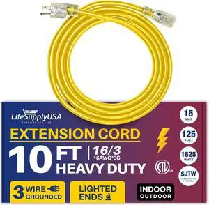 10FT Power Extension Cord Outdoor & Indoor - Waterproof Electric Drop Cord Cable - 3 Prong SJTW, 16 Gauge, 13 AMP, 125 Volts, 1625 Watts, 16/3 - ETL Listed by LifeSupplyUSA - Yellow (1 Pack)