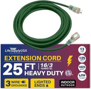 25FT Power Extension Cord Outdoor & Indoor - Waterproof Electric Drop Cord Cable - 3 Prong SJTW, 16 Gauge, 13 AMP, 125 Volts, 1625 Watts, 16/3 - ETL Listed by LifeSupplyUSA - Green (1 Pack)