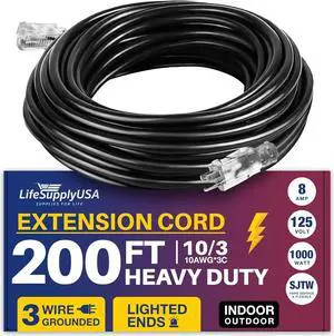 200FT Power Extension Cord Outdoor & Indoor - Waterproof Electric Drop Cord Cable - 3 Prong SJTW, 10 Gauge, 8 AMP, 125 Volts, 1000 Watts, 10/3 by LifeSupplyUSA - Black (1 Pack)
