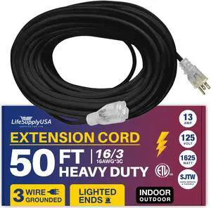 50FT Power Extension Cord Outdoor & Indoor - Waterproof Electric Drop Cord Cable - 3 Prong SJTW, 16 Gauge, 13 AMP, 125 Volts, 1625 Watts, 16/3 - ETL Listed by LifeSupplyUSA - Black (1 Pack)
