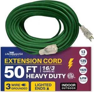 50FT Power Extension Cord Outdoor & Indoor - Waterproof Electric Drop Cord Cable - 3 Prong SJTW, 16 Gauge, 13 AMP, 125 Volts, 1625 Watts, 16/3 - ETL Listed by LifeSupplyUSA - Green (1 Pack)