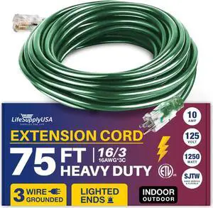 75FT Power Extension Cord Outdoor & Indoor - Waterproof Electric Drop Cord Cable - 3 Prong SJTW, 16 Gauge, 10 AMP, 125 Volts, 1250 Watts, 16/3 - ETL Listed by LifeSupplyUSA - Green (1 Pack)