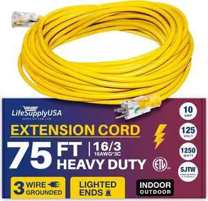 75FT Power Extension Cord Outdoor & Indoor - Waterproof Electric Drop Cord Cable - 3 Prong SJTW, 16 Gauge, 10 AMP, 125 Volts, 1250 Watts, 16/3 - ETL Listed by LifeSupplyUSA - Yellow (1 Pack)