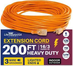 200FT Power Extension Cord Outdoor & Indoor - Waterproof Electric Drop Cord Cable - 3 Prong SJTW, 16 Gauge, 7 AMP, 125 Volts, 875 Watts, 16/3 by LifeSupplyUSA - Orange (1 Pack)