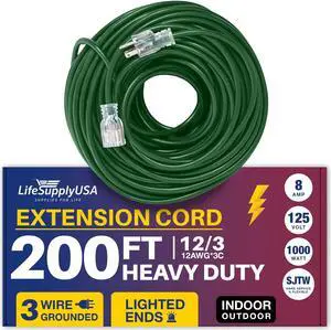 200FT Power Extension Cord Outdoor & Indoor - Waterproof Electric Drop Cord Cable - 3 Prong SJTW, 12 Gauge, 8 AMP, 125 Volts, 1000 Watts, 12/3 by LifeSupplyUSA - Green (1 Pack)