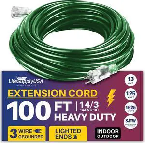 100FT Power Extension Cord Outdoor & Indoor - Waterproof Electric Drop Cord Cable - 3 Prong SJTW, 14 Gauge, 13 AMP, 125 Volts, 1625 Watts, 14/3 by LifeSupplyUSA - Black (1 Pack)